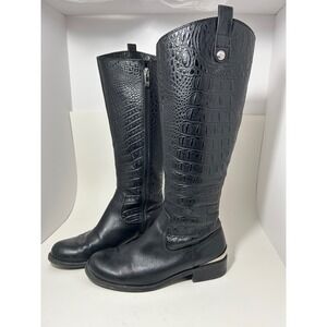 Vince Camuto Kamino Black Leather Croc Embossed Riding Boots Womens 7M VC-KAMINO